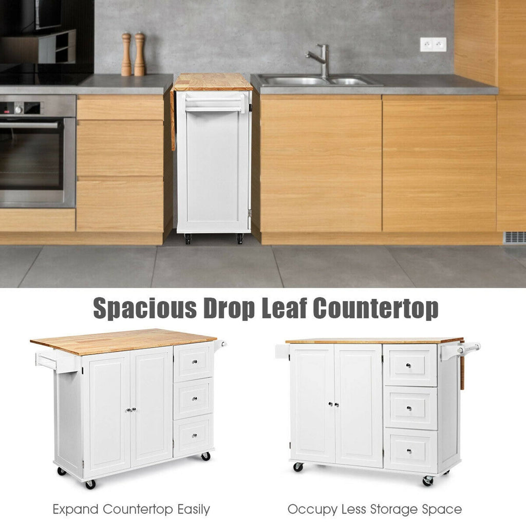 White Drop-Leaf Kitchen Island Trolley Cart Wood Storage Cabinet K921