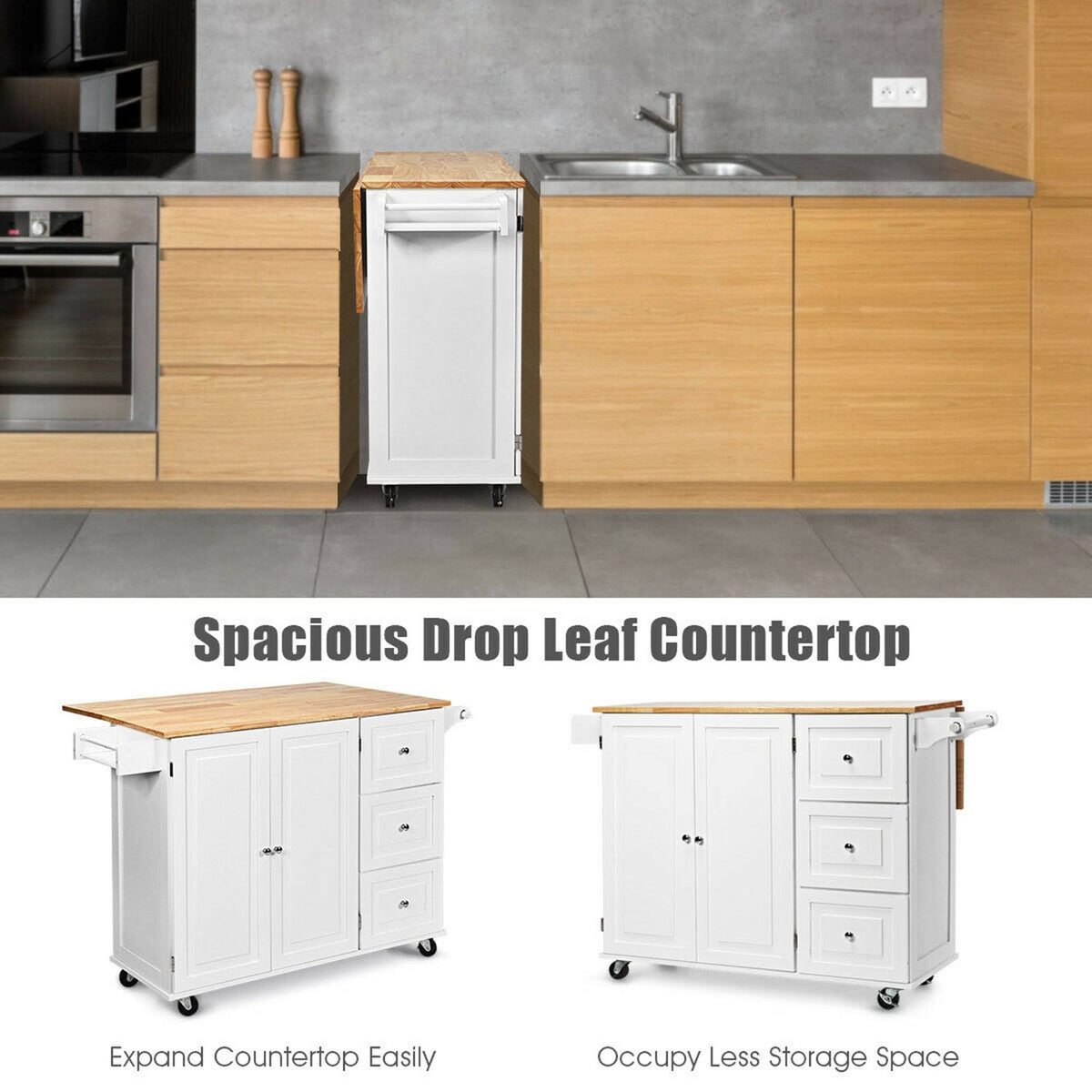 White Drop-Leaf Kitchen Island Trolley Cart Wood Storage Cabinet K921