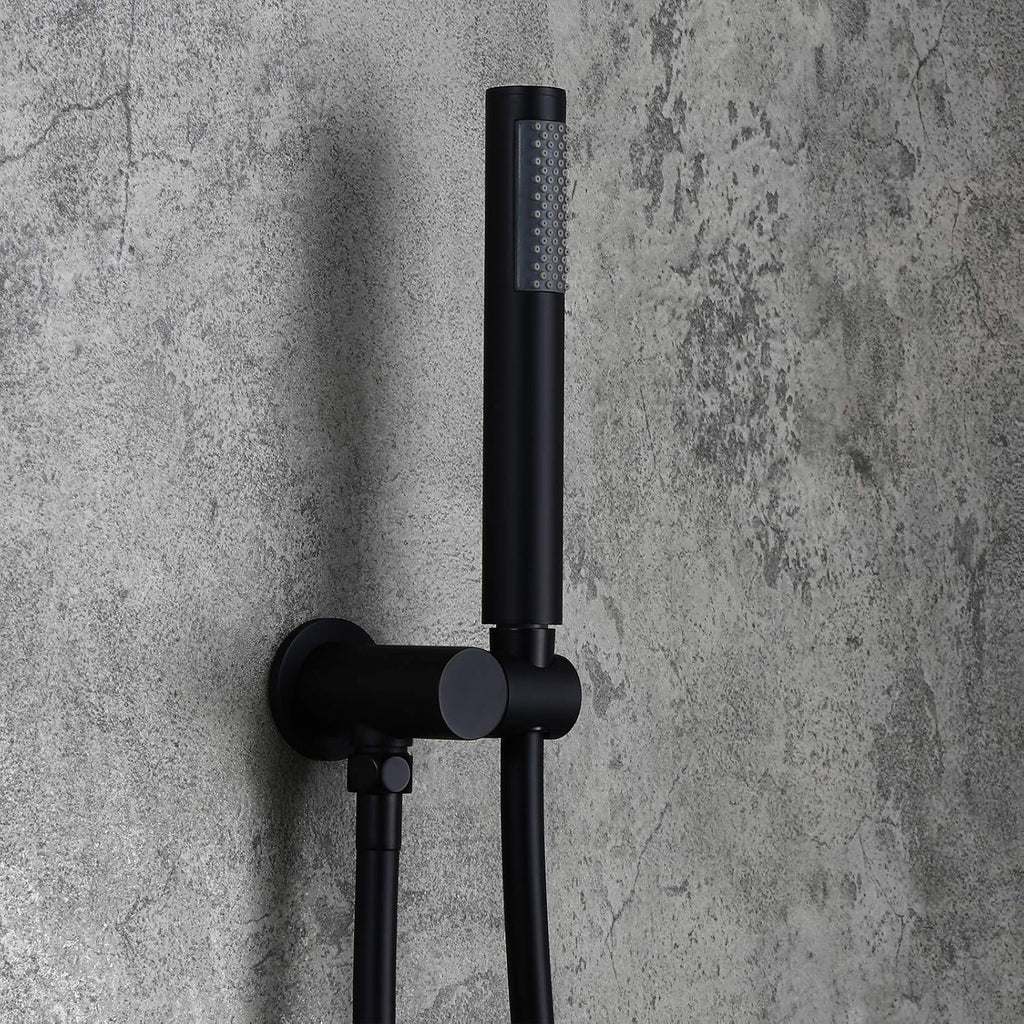 Matte Black 12" Ceiling Mounted Round Rainfall Shower with Hand Shower Wall Mount Combo Set with Rough-in Valve and Trims, Solid Brass T30051