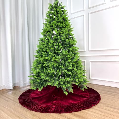 60-Inch Ruffled Velvet Christmas Tree Skirt with Lace-Up Tie Closure, Burgundy D499