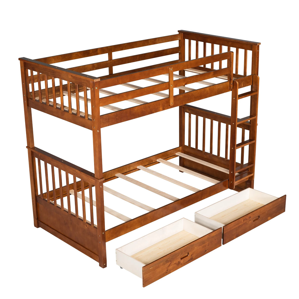 Solid Wood Twin Over Twin Bunk Beds with Storage Drawers T2092