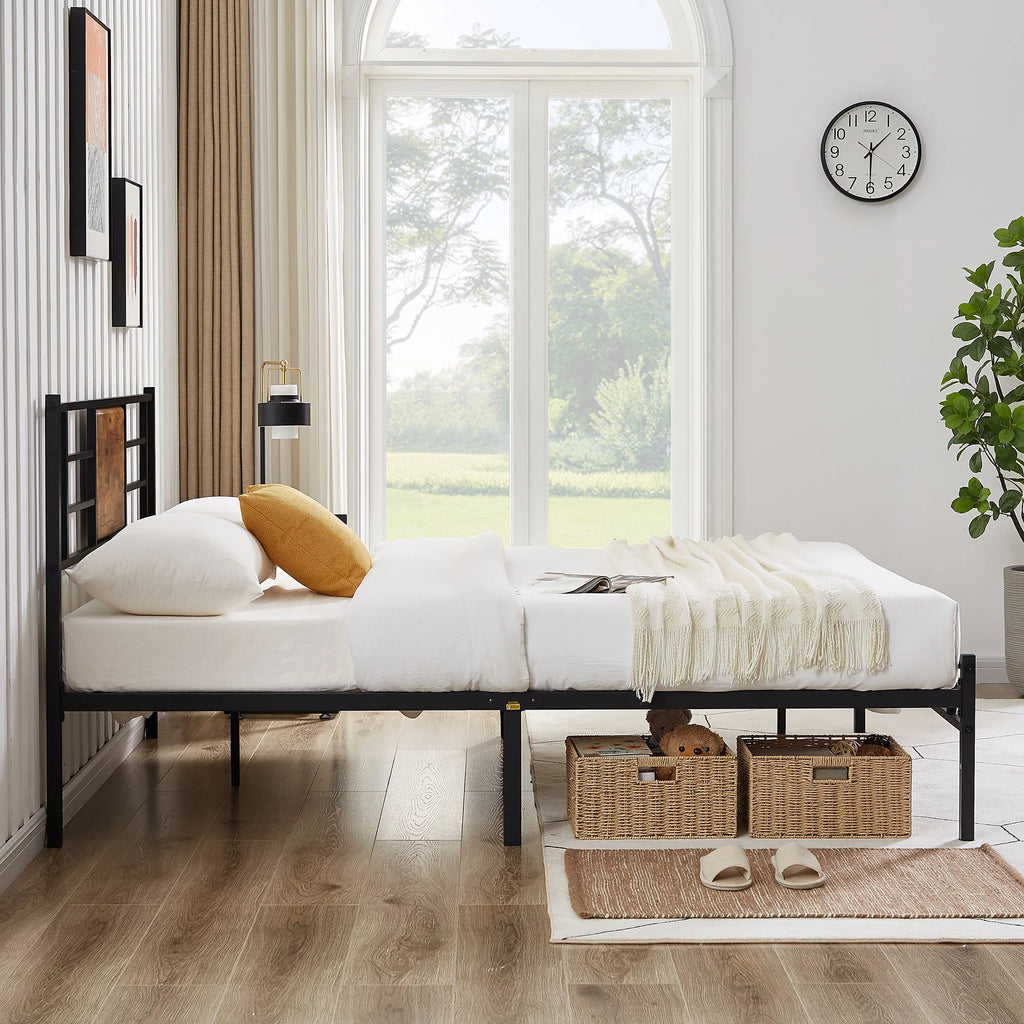 Queen Size Metal Platform Bed Frame with Wood Headboard I28752