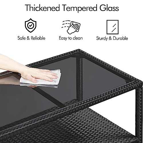 Black Wicker Storage Coffee Table with Tempered Glass Top U704