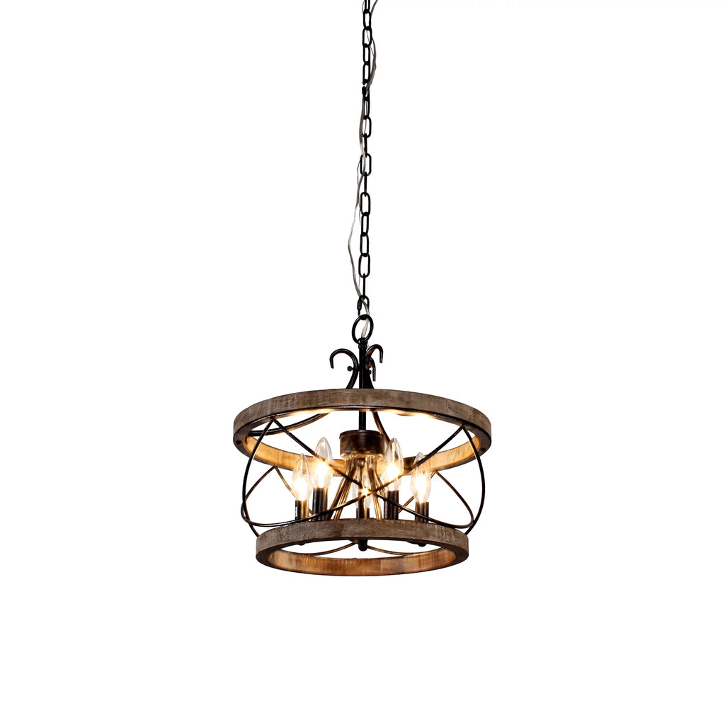 5-Light Rustic Pendant Light Adjustable Height Distressed Wood Caged Chandelier B508531