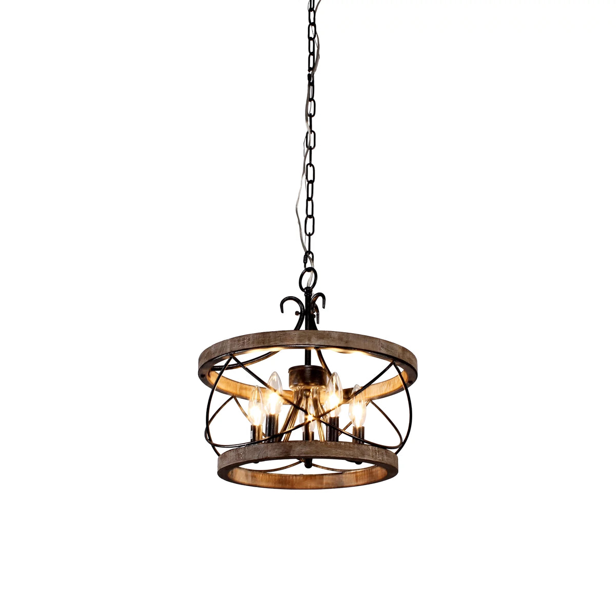 5-Light Rustic Pendant Light Adjustable Height Distressed Wood Caged Chandelier B508531