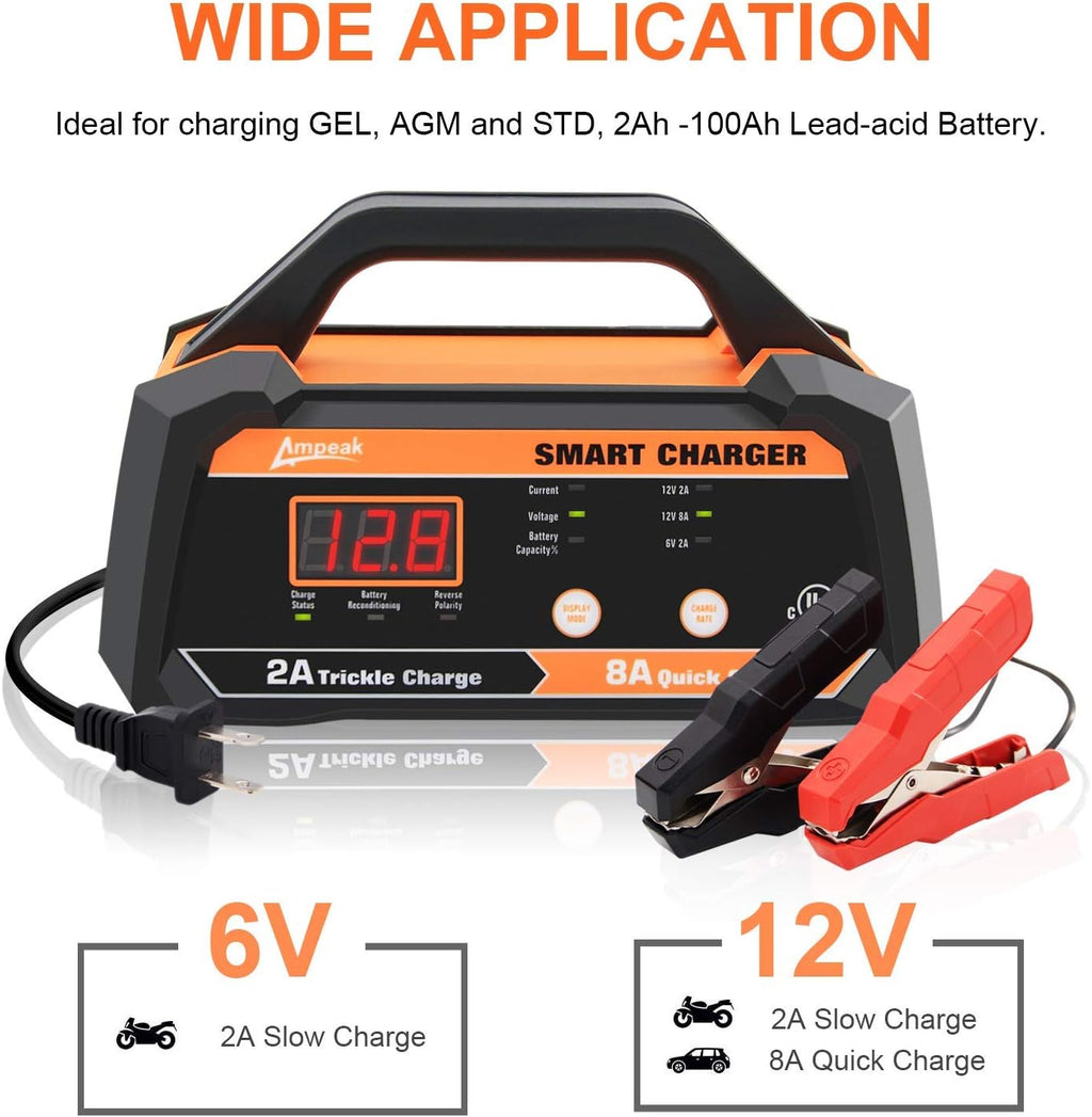 6V 12V Smart Car Battery Charger and Maintainer 2A 8A with Cable Clamps J75760