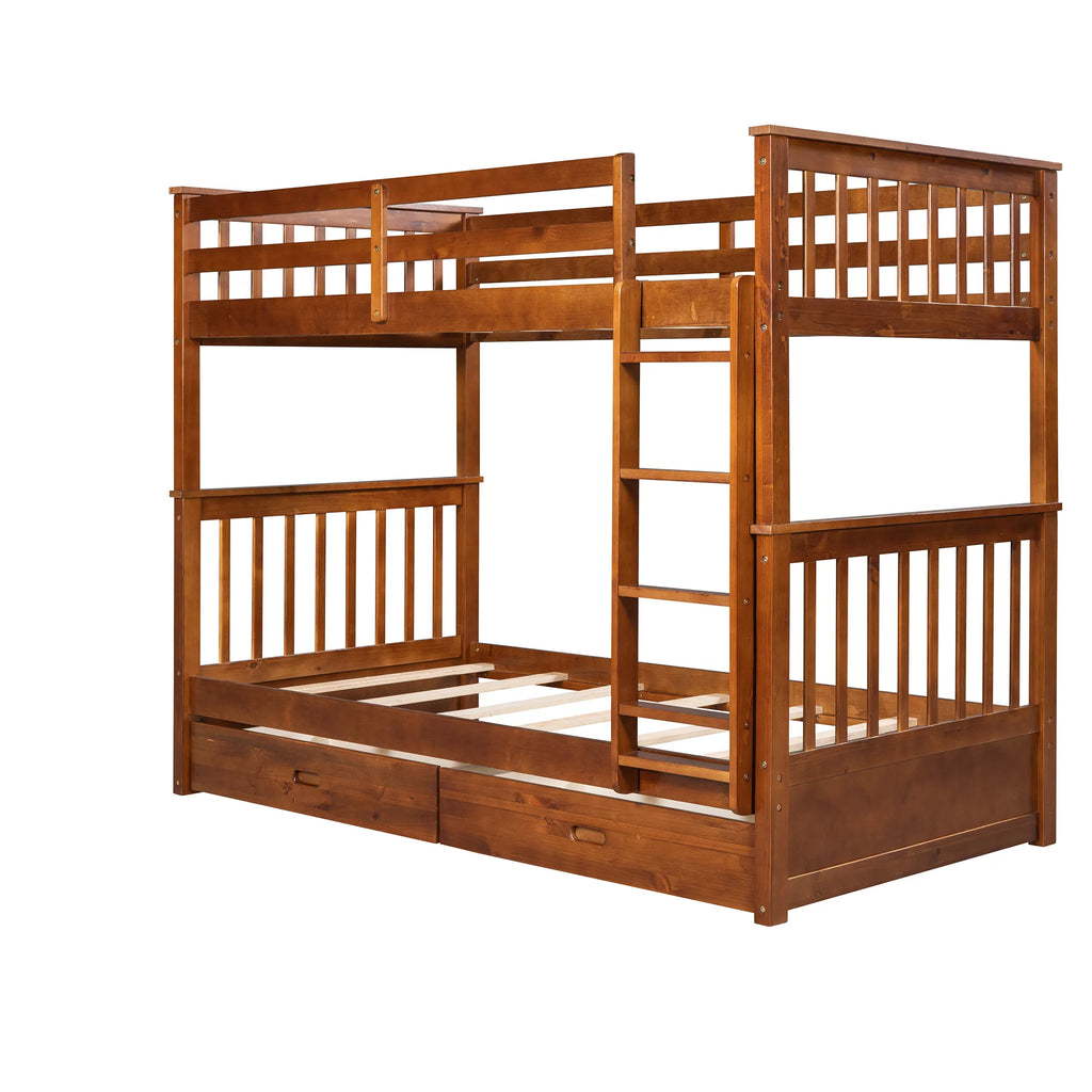 Solid Wood Twin Over Twin Bunk Beds with Storage Drawers T2092