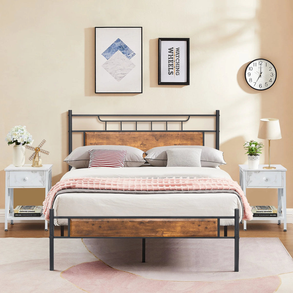 3-Piece Bedroom Set with Full Size Platform Bed Frame and 1-Drawer White Nightstand W365