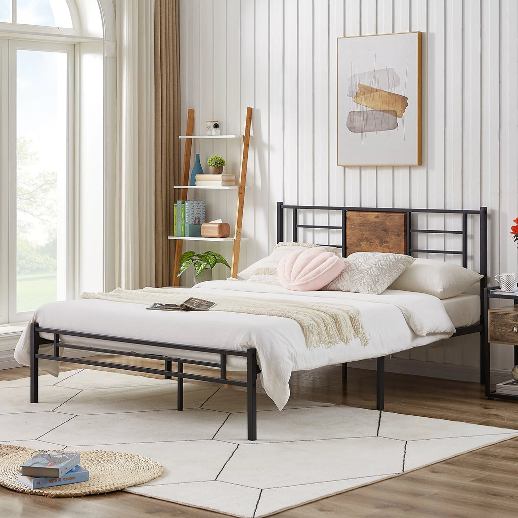 Queen Size Metal Platform Bed Frame with Wood Headboard I28752