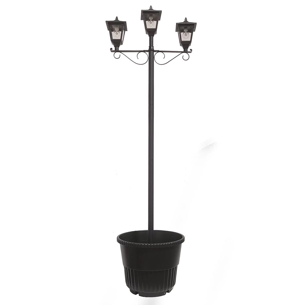 Black Triple Head Solar Lamp and Post Set with Round Planter B712