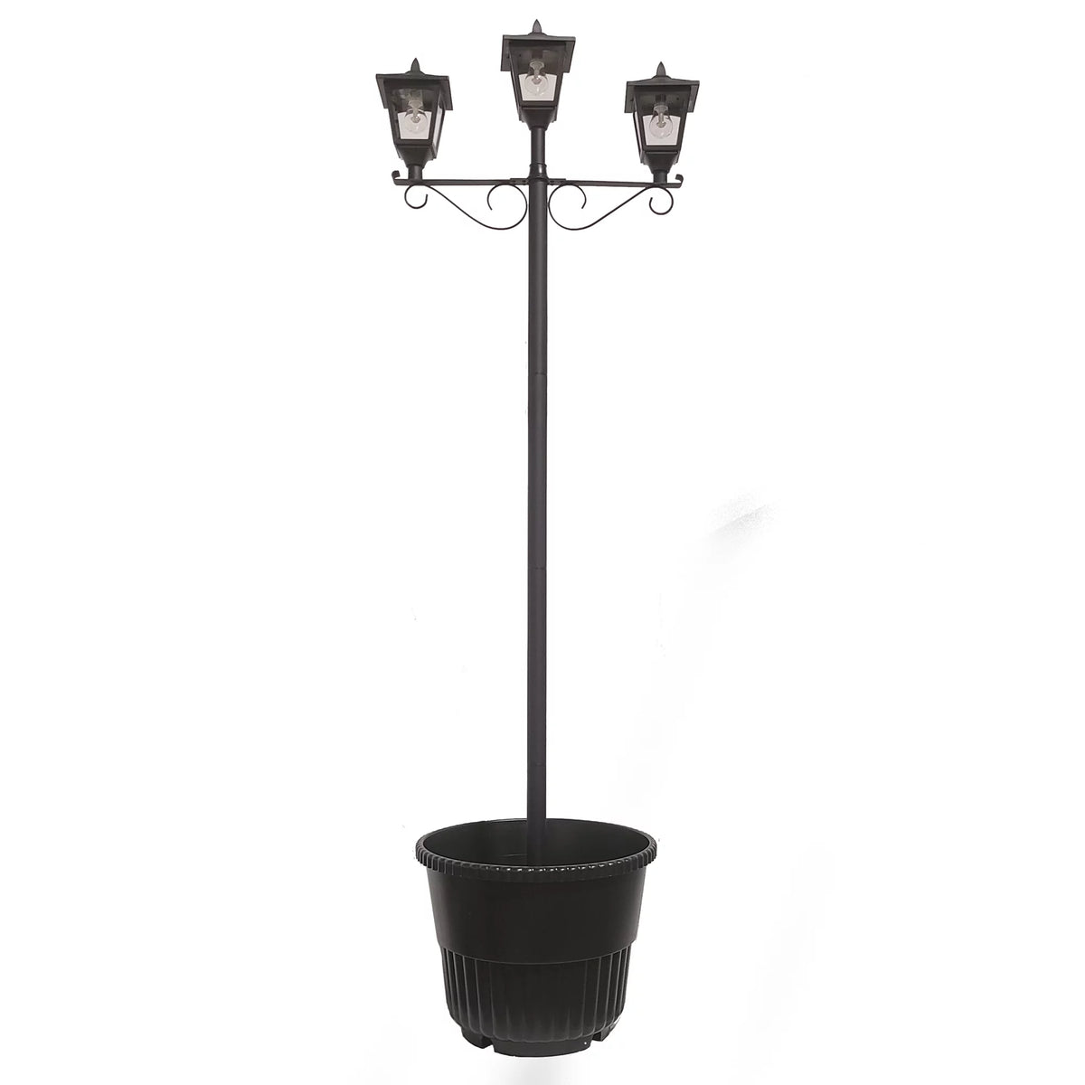 Black Triple Head Solar Lamp and Post Set with Round Planter B712