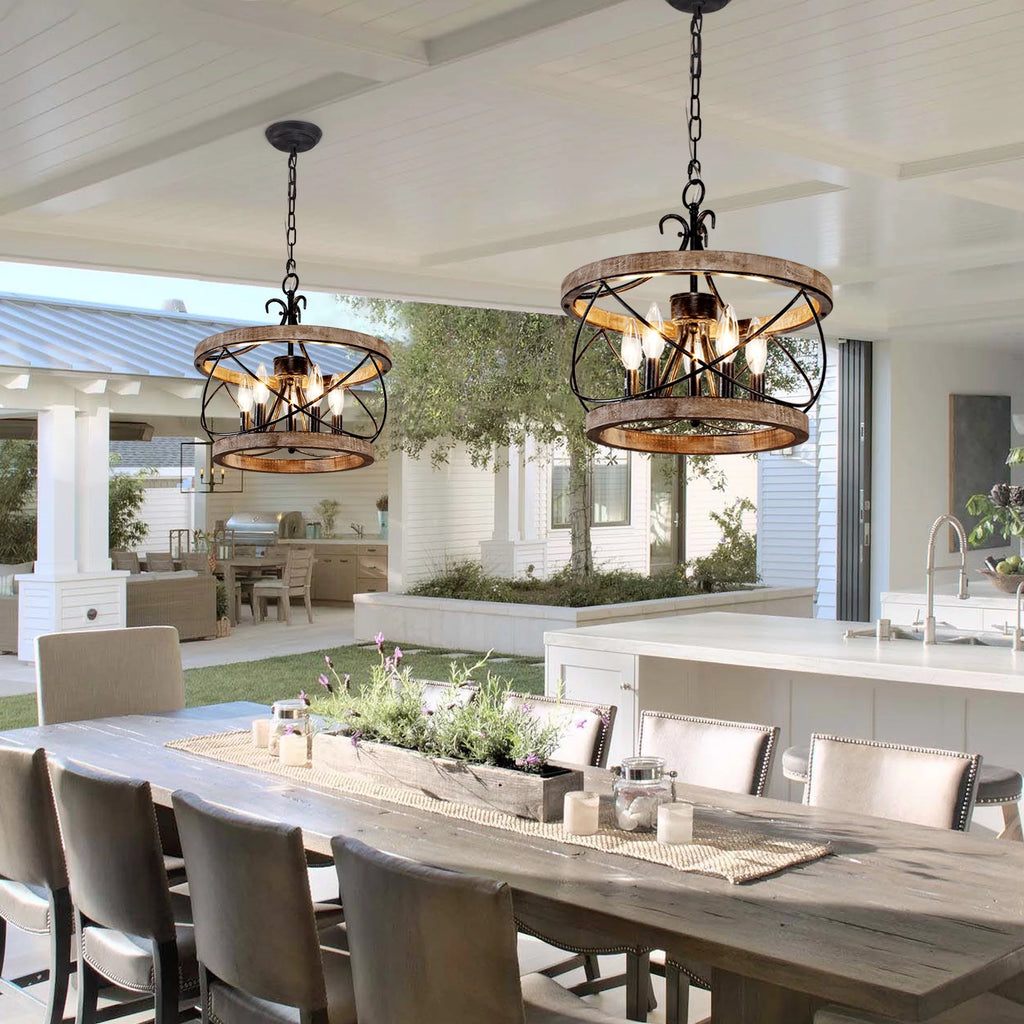 5-Light Rustic Pendant Light Adjustable Height Distressed Wood Caged Chandelier B508531