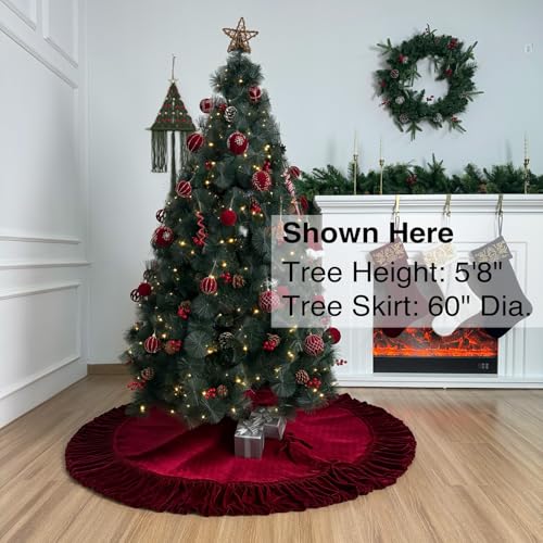 60-Inch Ruffled Velvet Christmas Tree Skirt with Lace-Up Tie Closure, Burgundy D499