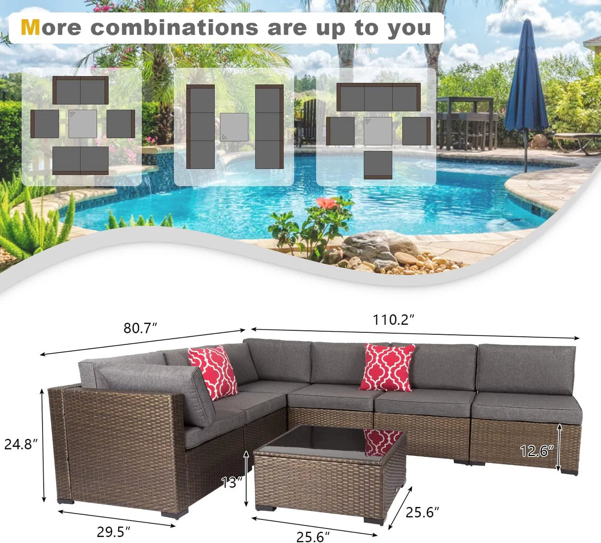 7 Pcs Wicker Patio Furniture Set with Gray Cushions D591957