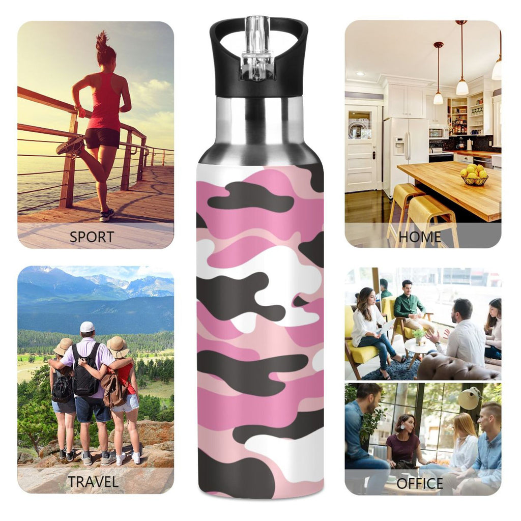 Camouflage Pink Insulated Stainless Steel Water Bottle with Straw Lid, 20 oz W4178