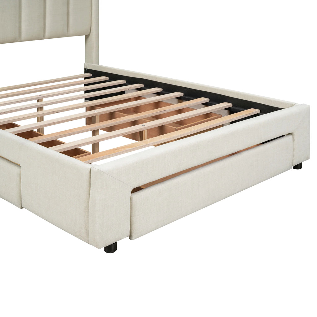 Beige Queen Size Upholstered Platform Bed with 3 Storage Drawers L881