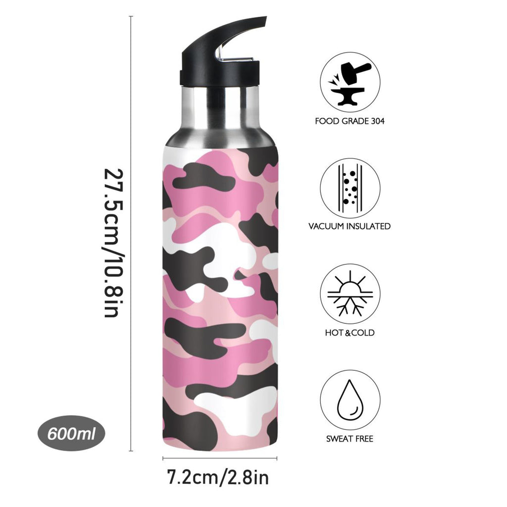 Camouflage Pink Insulated Stainless Steel Water Bottle with Straw Lid, 20 oz W4178