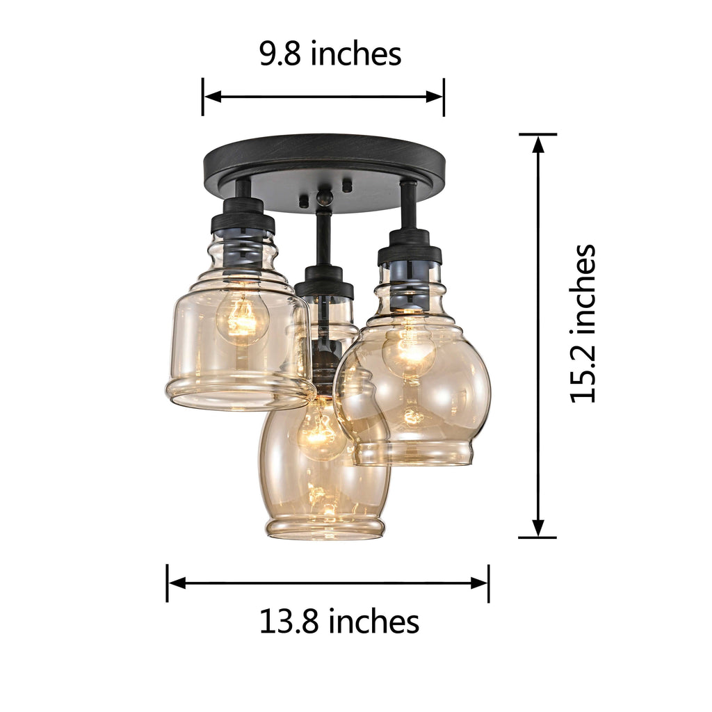 Antique Black 3-Light Flush Mount with Cognac Glass Shade T556033