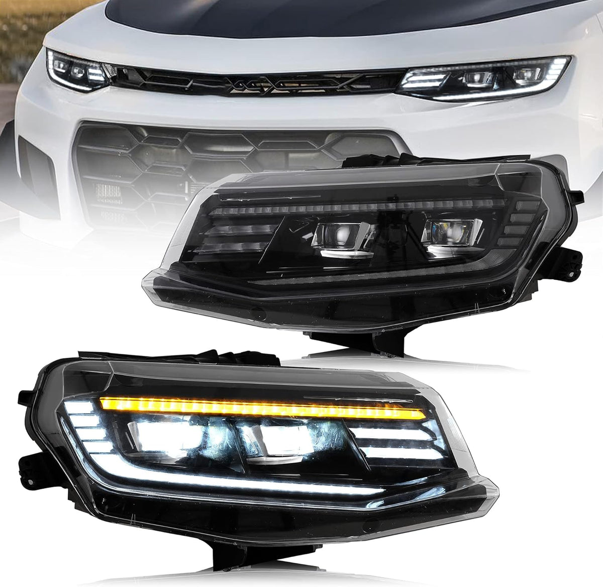 Projector LED Headlights for Chevy Camaro 2016-2018, Amber Sequential Turn Signal, Passenger+Driver Sides U801