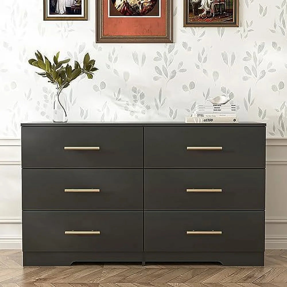 Black 6 Drawer Wood Dresser with Gold Handle J109