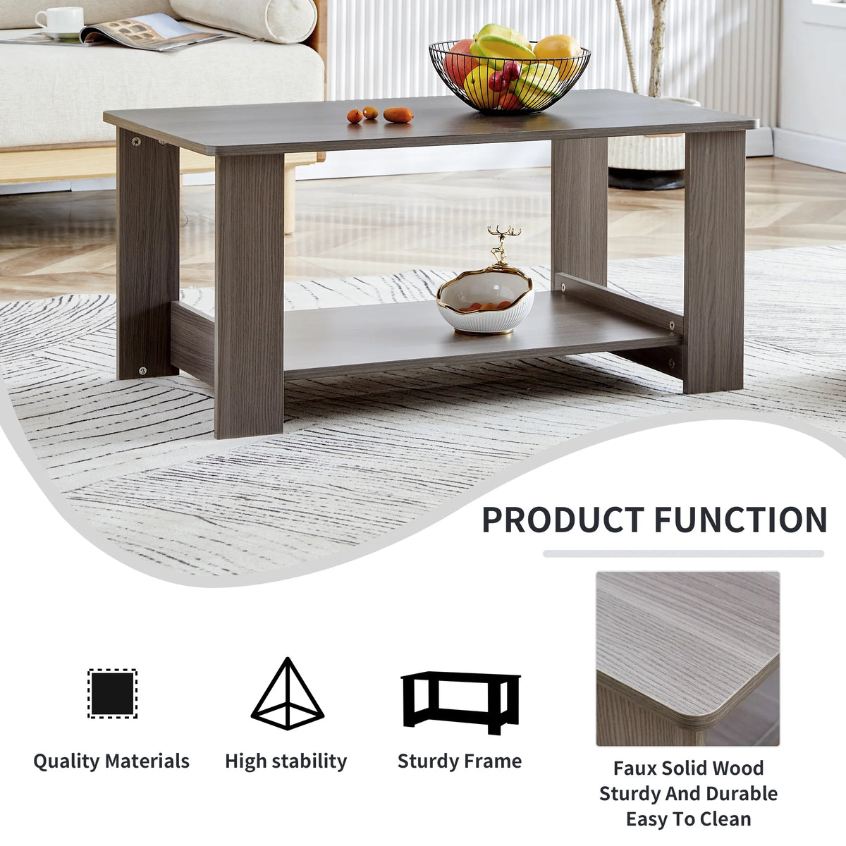 Gray Wood Grain Double Layered Rectangular Coffee Table E51479