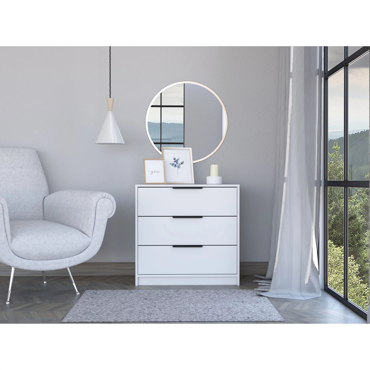 28" White Manufactured Wood Three Drawer Dresser G985