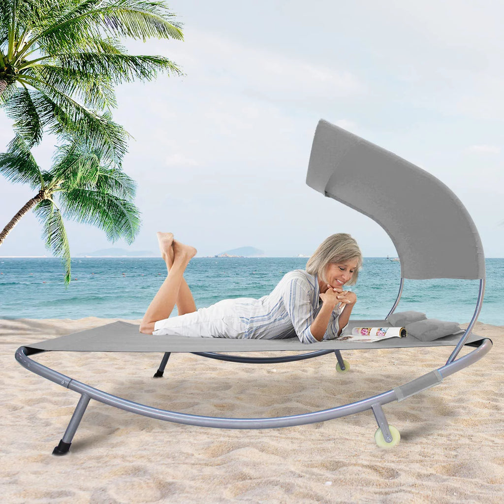 Double Chaise Lounge Bed with Canopy, Headrest Pillow and Wheels E806