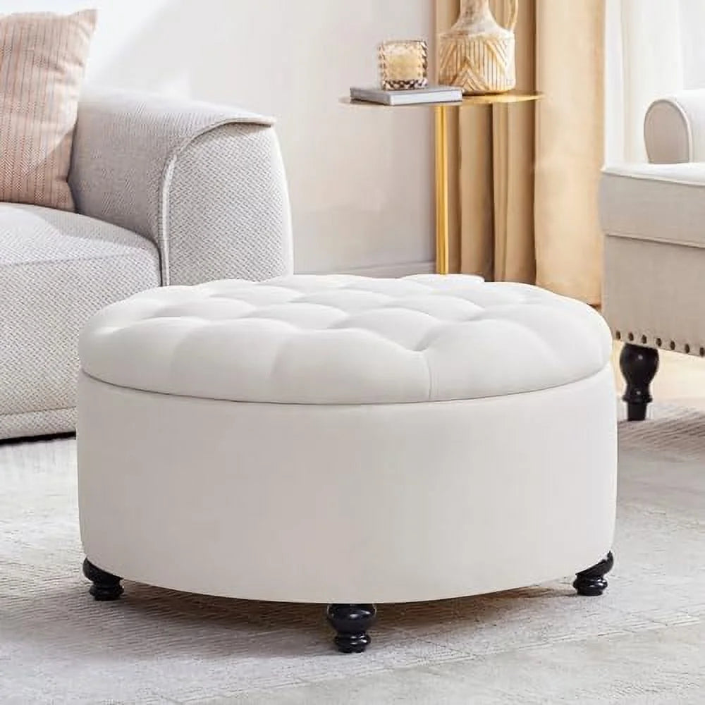 30-Inch Round Button Tufted Upholstered Ottoman with Removeable Top F937168