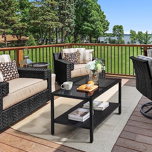 Black Wicker Storage Coffee Table with Tempered Glass Top U704
