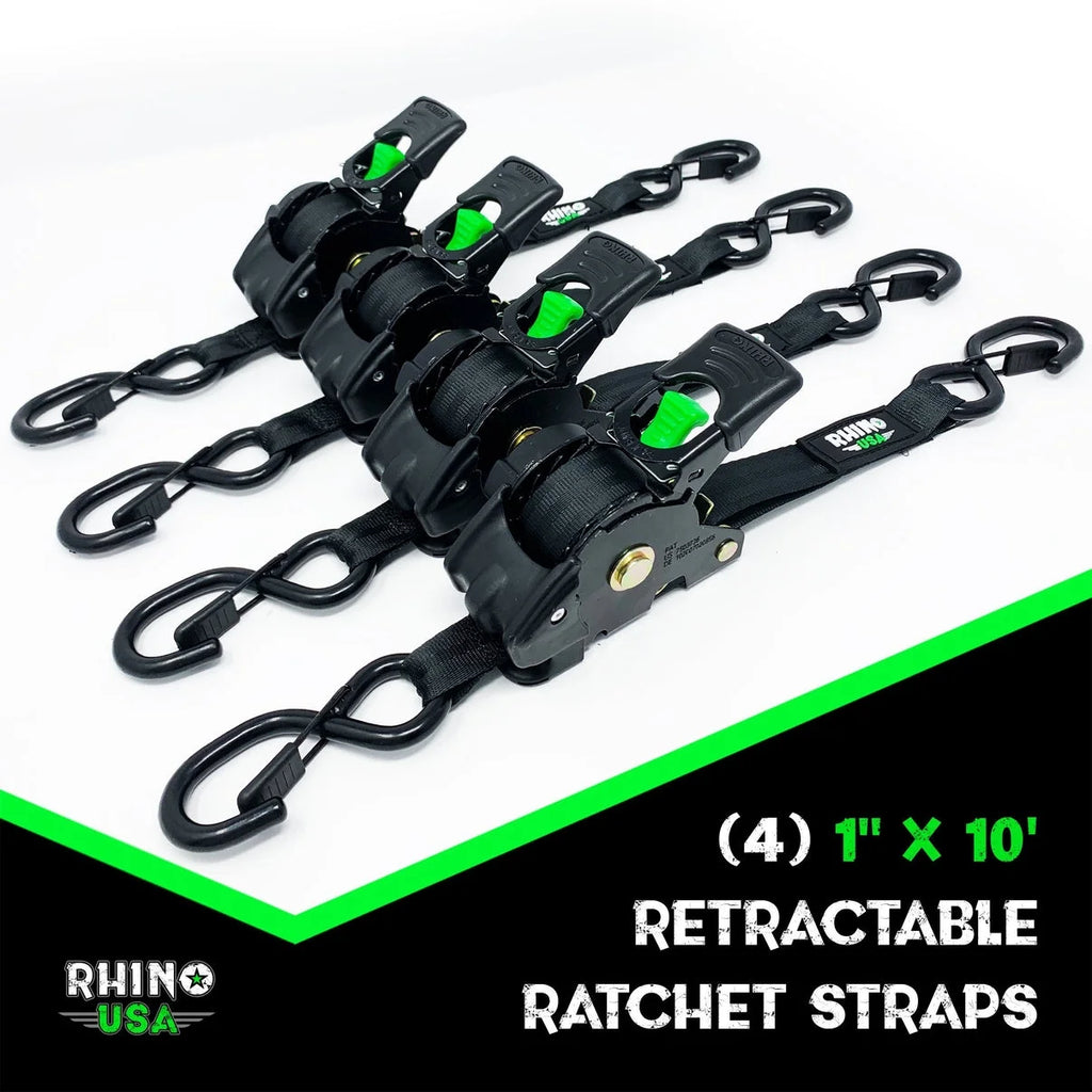 1" x 10 Retractable Ratchet Tie Down Straps 4PK Gray T6574