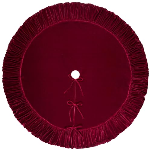 60-Inch Ruffled Velvet Christmas Tree Skirt with Lace-Up Tie Closure, Burgundy D499
