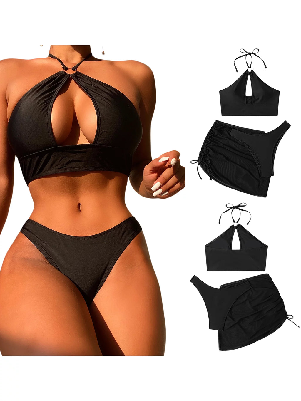 3 Pcs Bikini Set Halter Backless Tie-up Swim Bra Thong with Sarong Skirt Tie-dye Black R26541