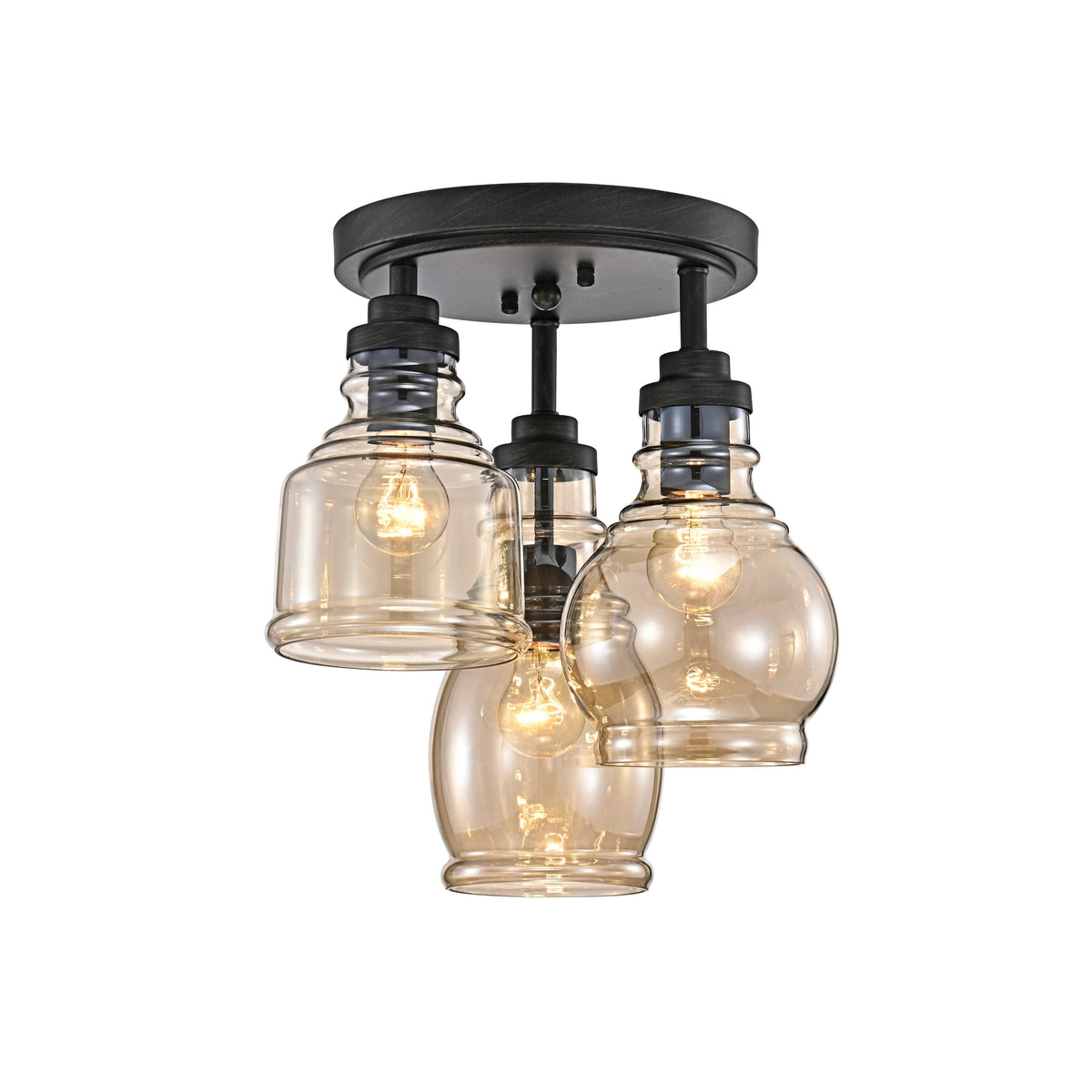 Antique Black 3-Light Flush Mount with Cognac Glass Shade T556033