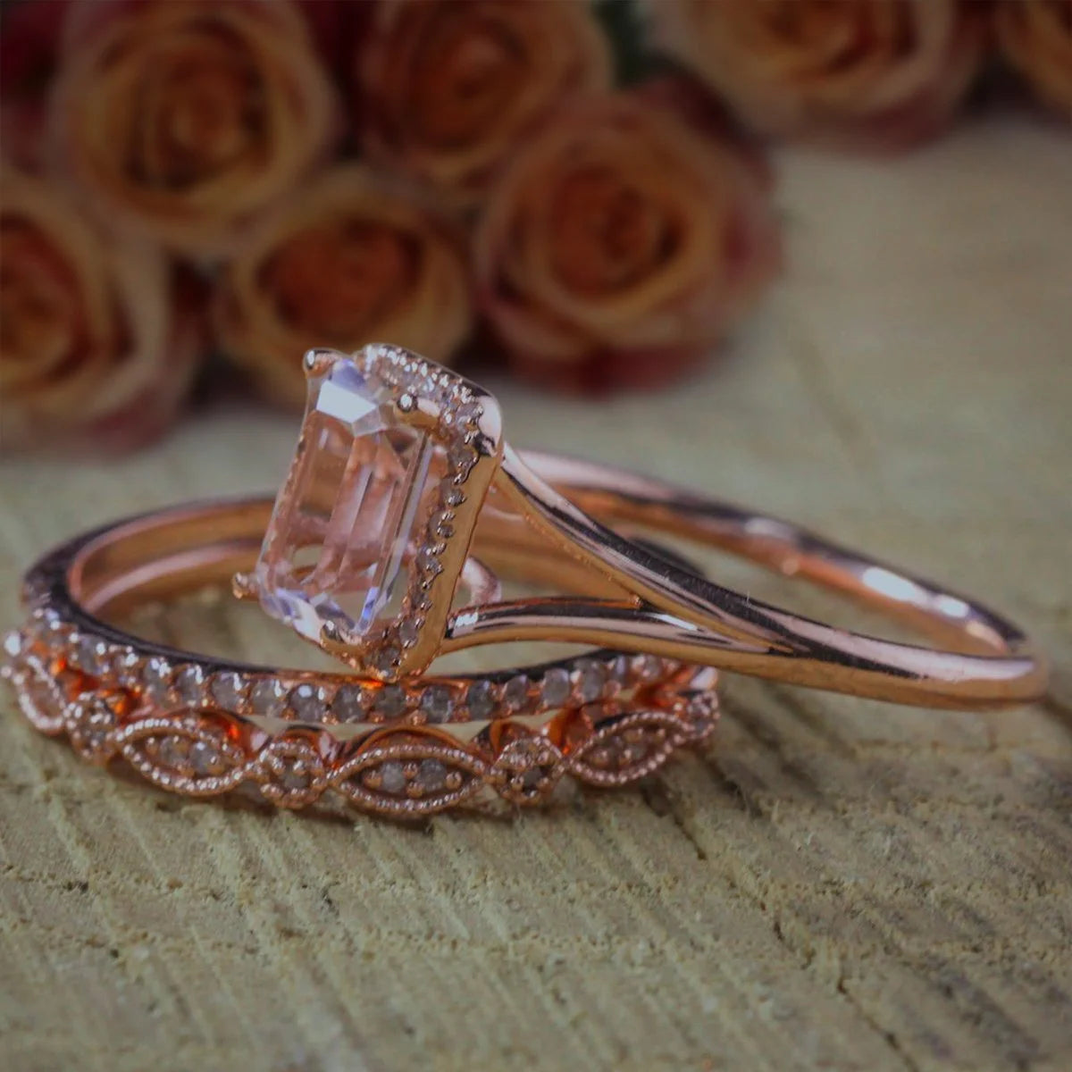 Emerald Cut Morganite Trio Ring Set with 18k Gold Plating S989731