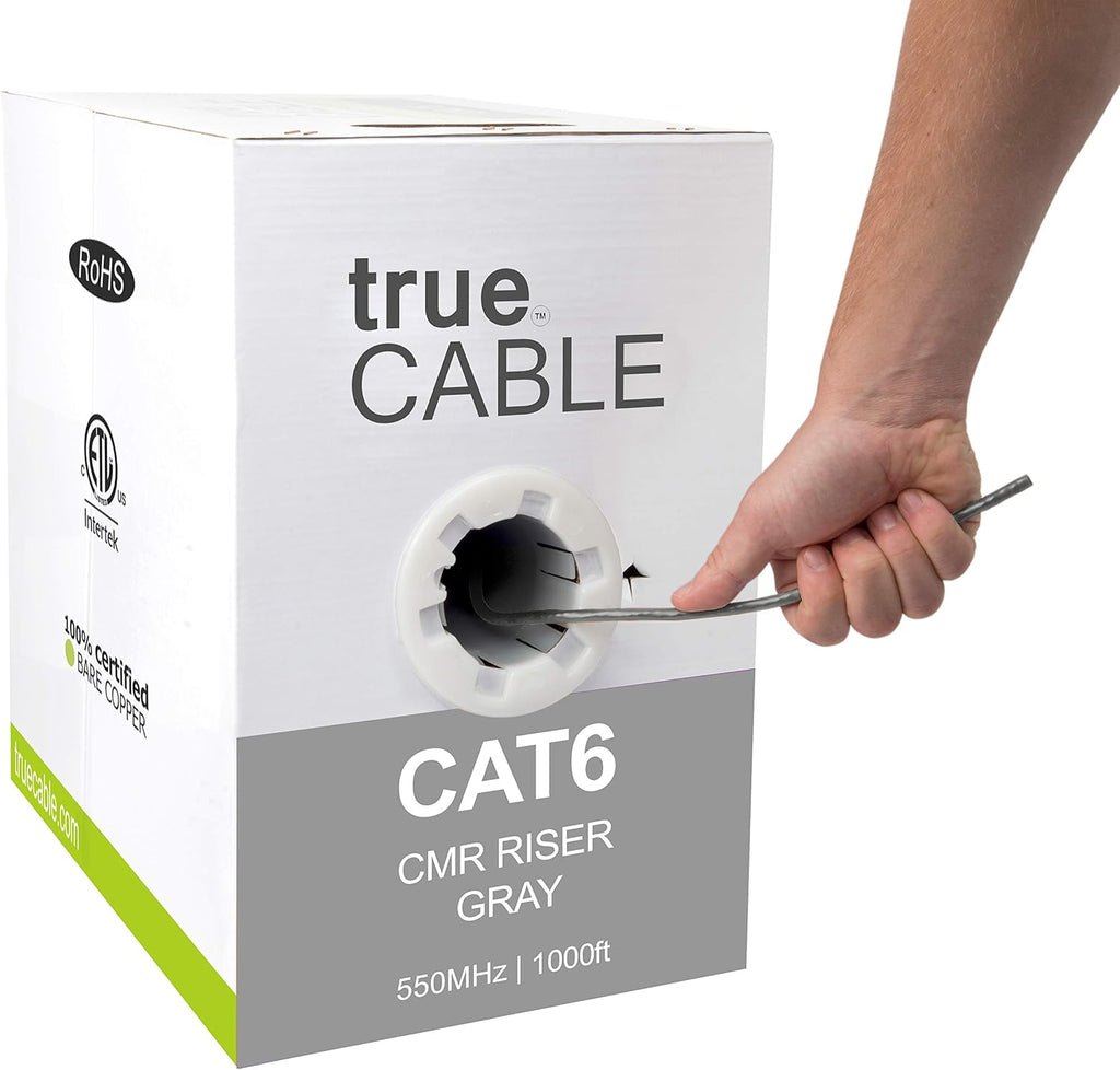 Cat6 Riser 1000ft Black 23AWG 4 Pair Solid Bare Copper Bulk Ethernet Cable I480204