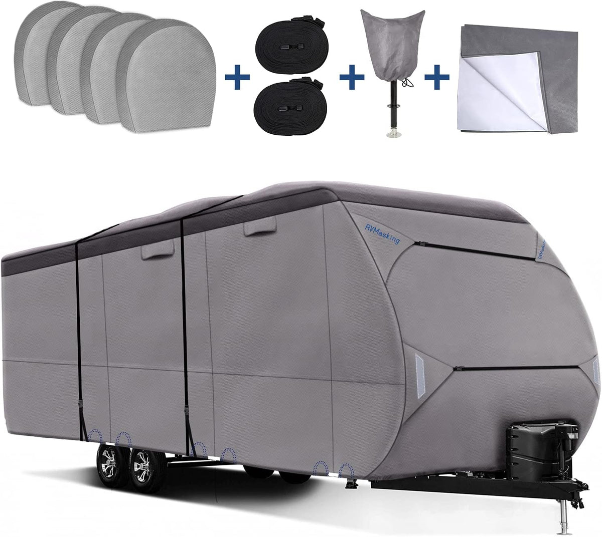 Upgraded Waterproof 500D Travel Trailer Cover with 4 Tire Covers, Tongue Jack Cover R5499