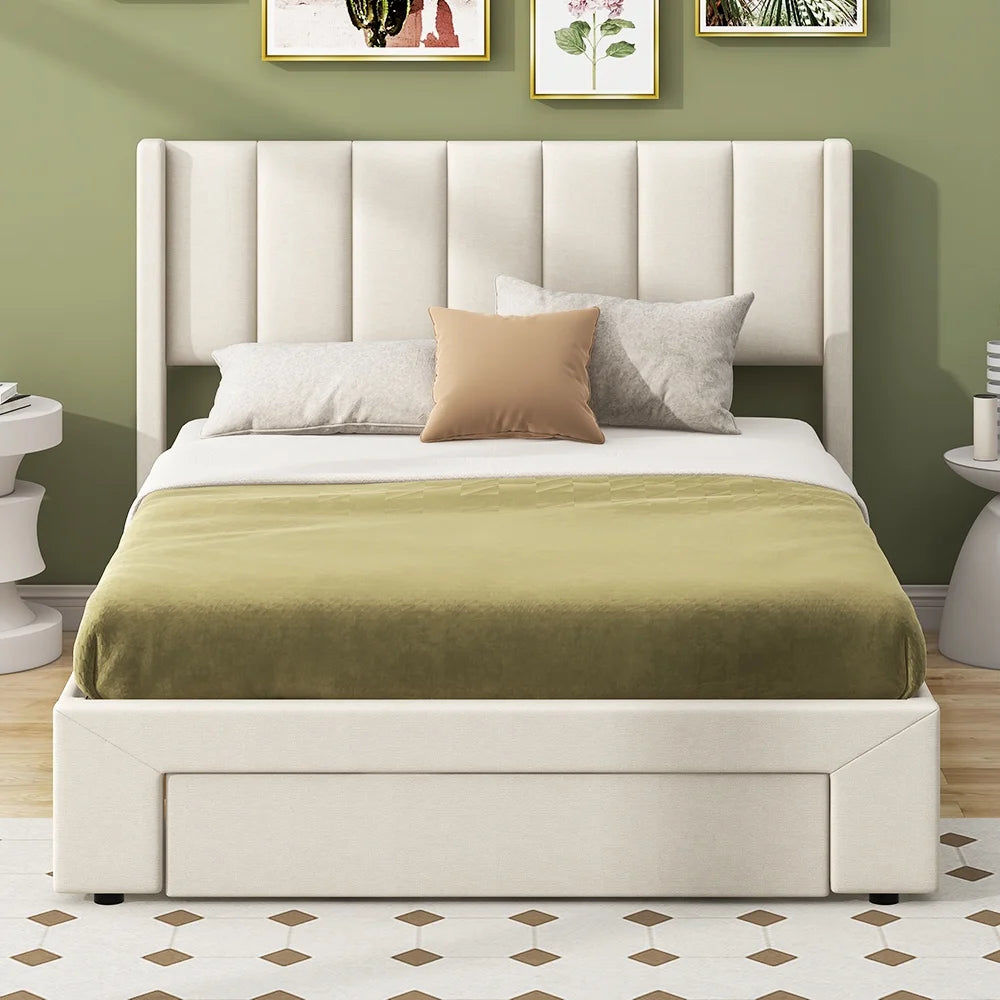 Beige Queen Size Upholstered Platform Bed with 3 Storage Drawers L881