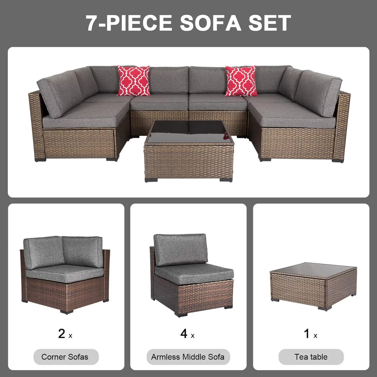 7 Pcs Wicker Patio Furniture Set with Gray Cushions D591957