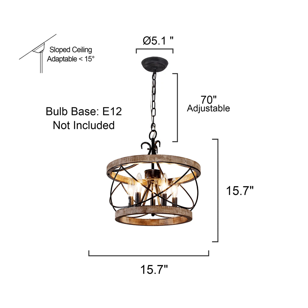 5-Light Rustic Pendant Light Adjustable Height Distressed Wood Caged Chandelier B508531