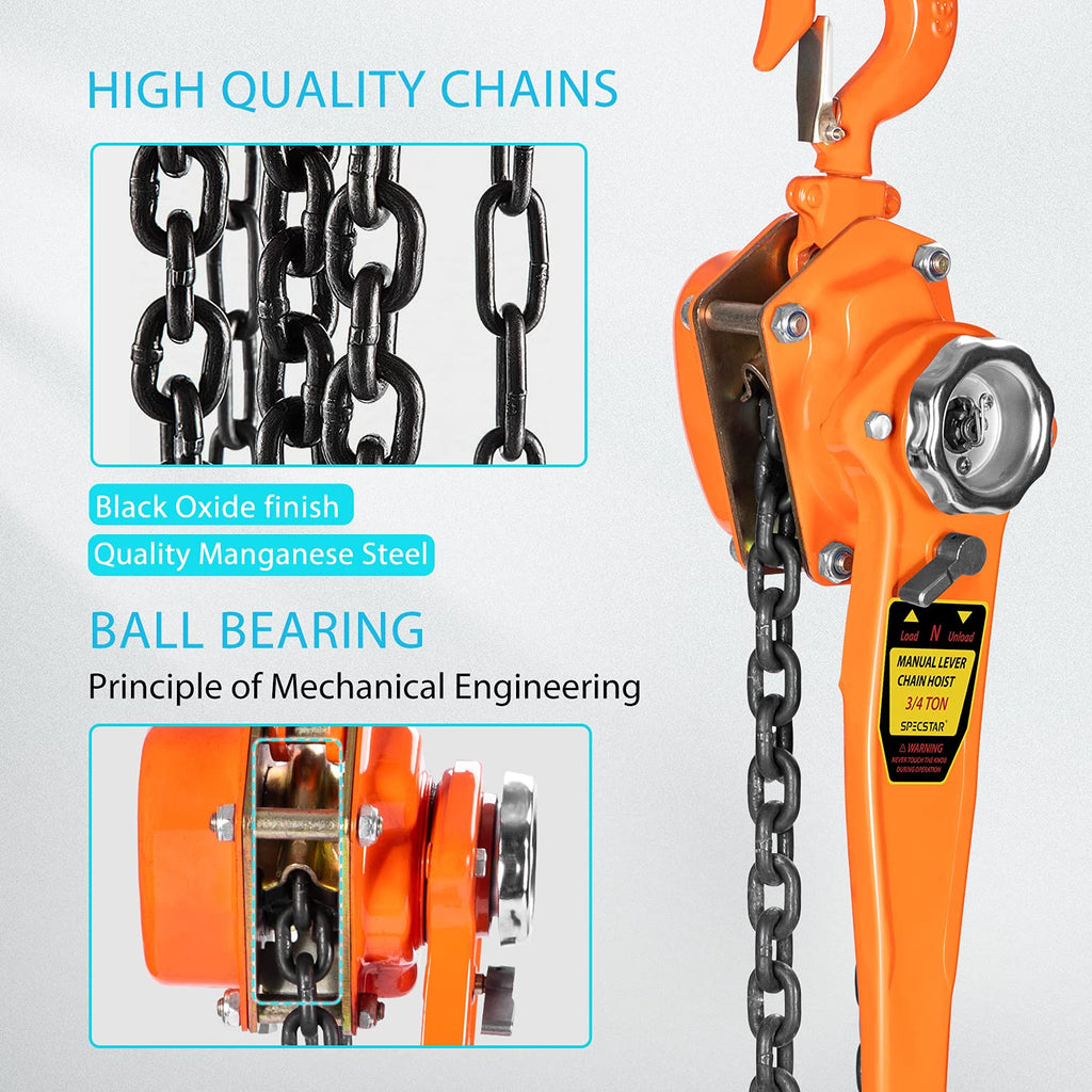 3/4 Ton Capacity 5 Feet Lever Chain Hoist with 2 Hooks I911196