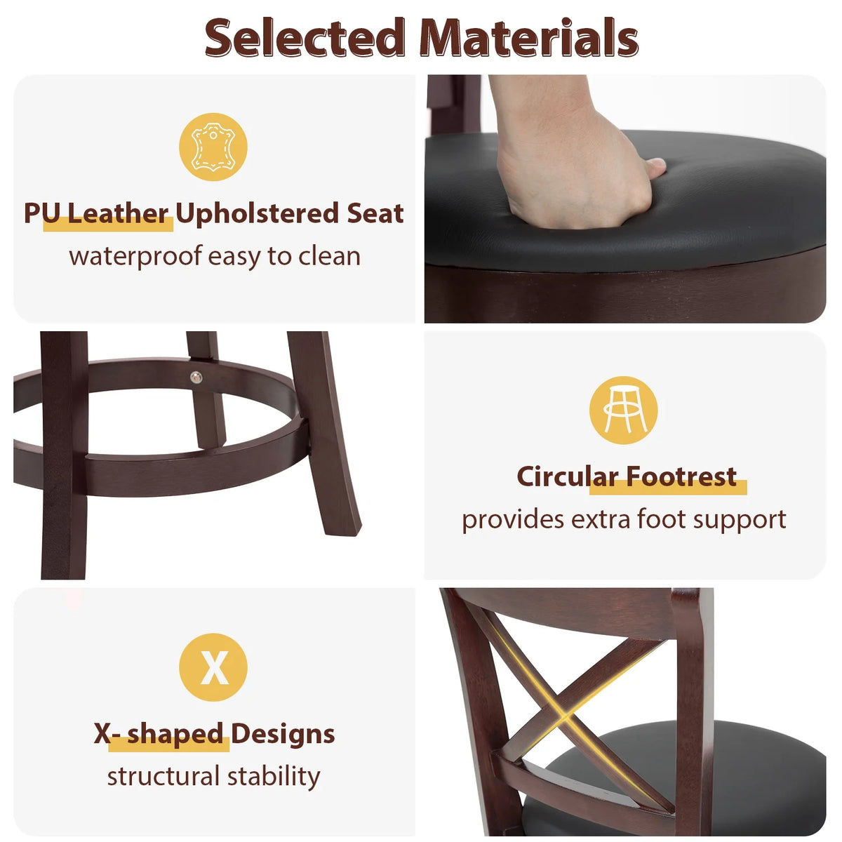 Brown Wooden Low Back Bar Stools with 360 Degree Swivel and PU Leather Upholstery B271488