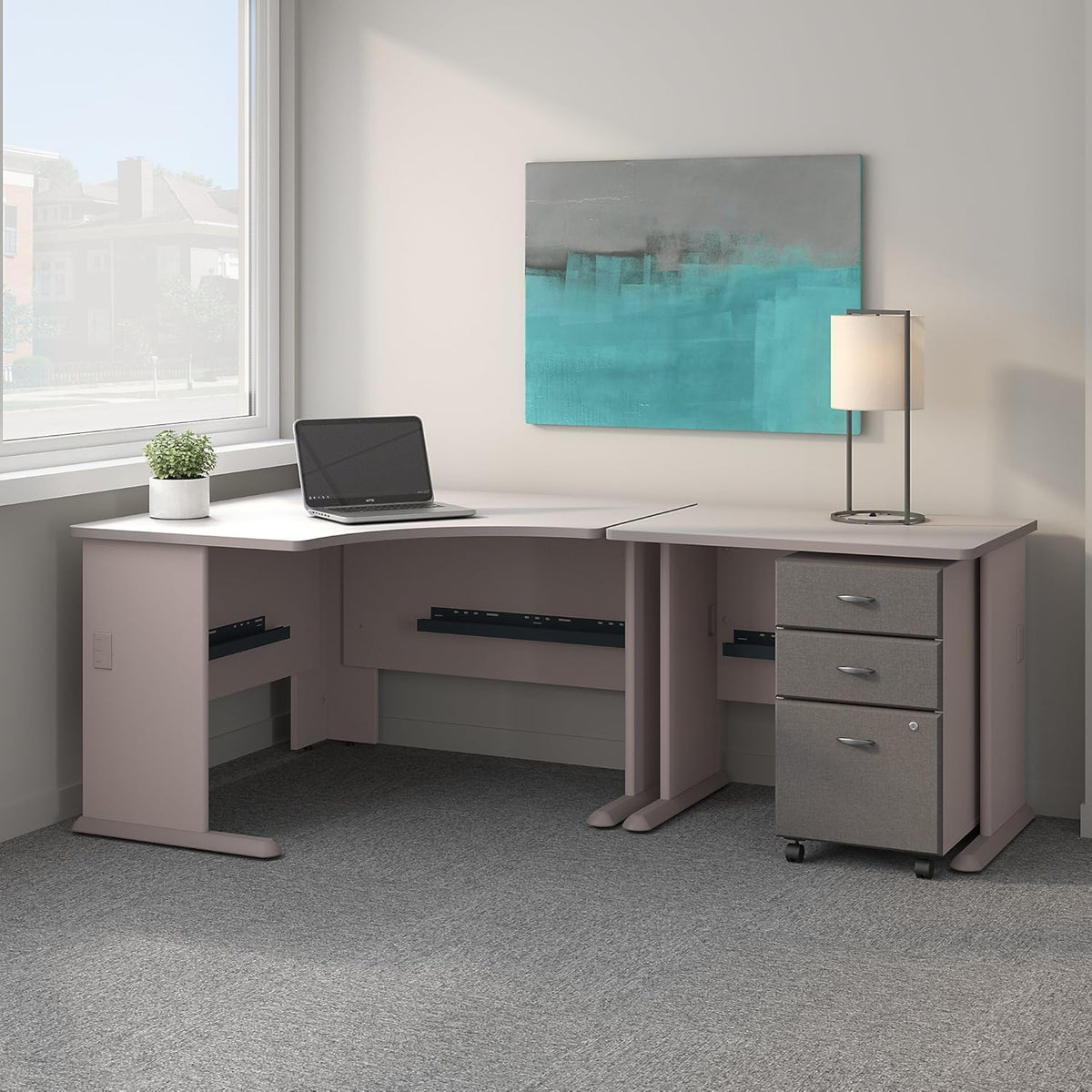 Corner Desk with Mobile File Cabinet in Pewter and White K2518