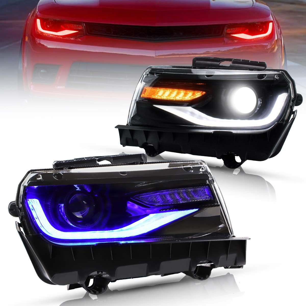 Projector LED Headlights for Chevy Camaro 2016-2018, Amber Sequential Turn Signal, Passenger+Driver Sides U801