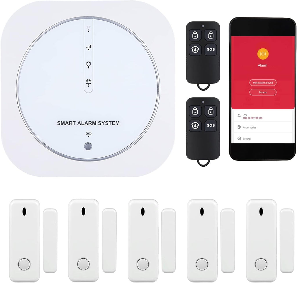 WiFi Door Alarm System, 8-Piece Kit with Hub Station, 5 Sensors, 2 Remotes B320