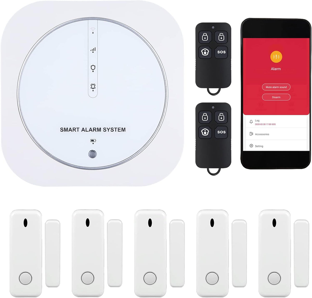 WiFi Door Alarm System, 8-Piece Kit with Hub Station, 5 Sensors, 2 Remotes B320