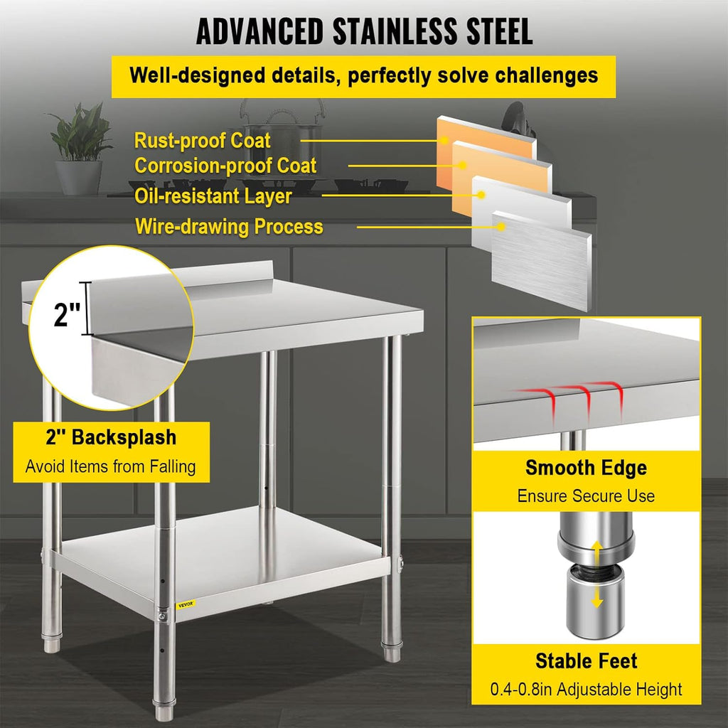Stainless Steel Prep Table with Backsplash and Adjustable Undershelf V7151