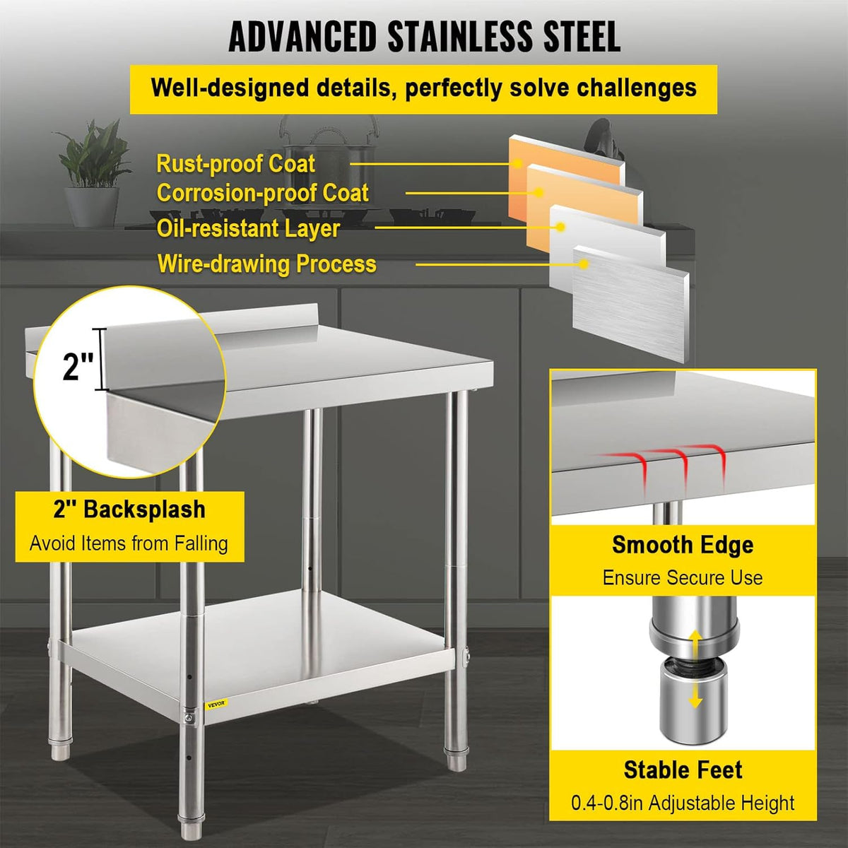 Stainless Steel Prep Table with Backsplash and Adjustable Undershelf V7151
