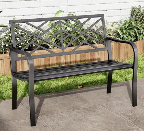 43.7 Inches Outdoor Garden Bench with Geometric Pattern Backrest, Black U5554