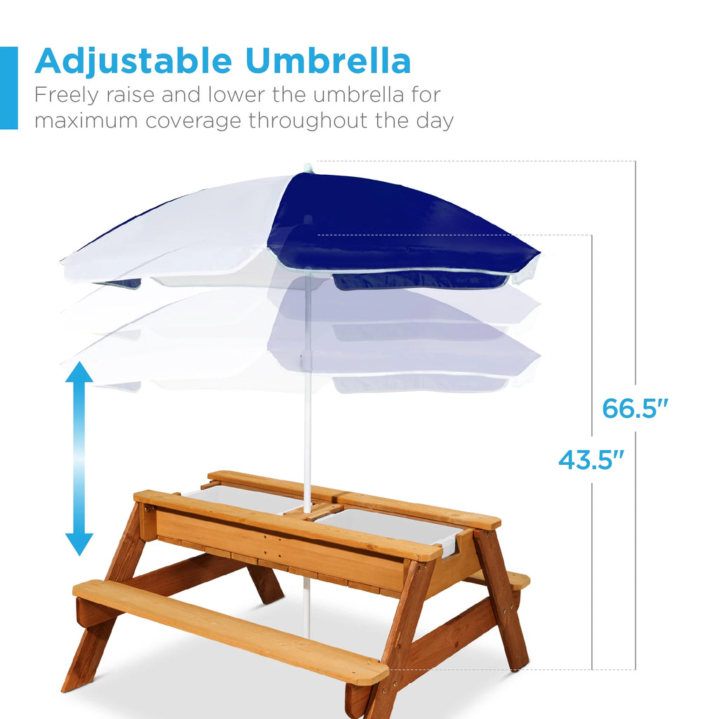 Kids 3-in-1 Wood Sand & Water Picnic Table with Umbrella U2965