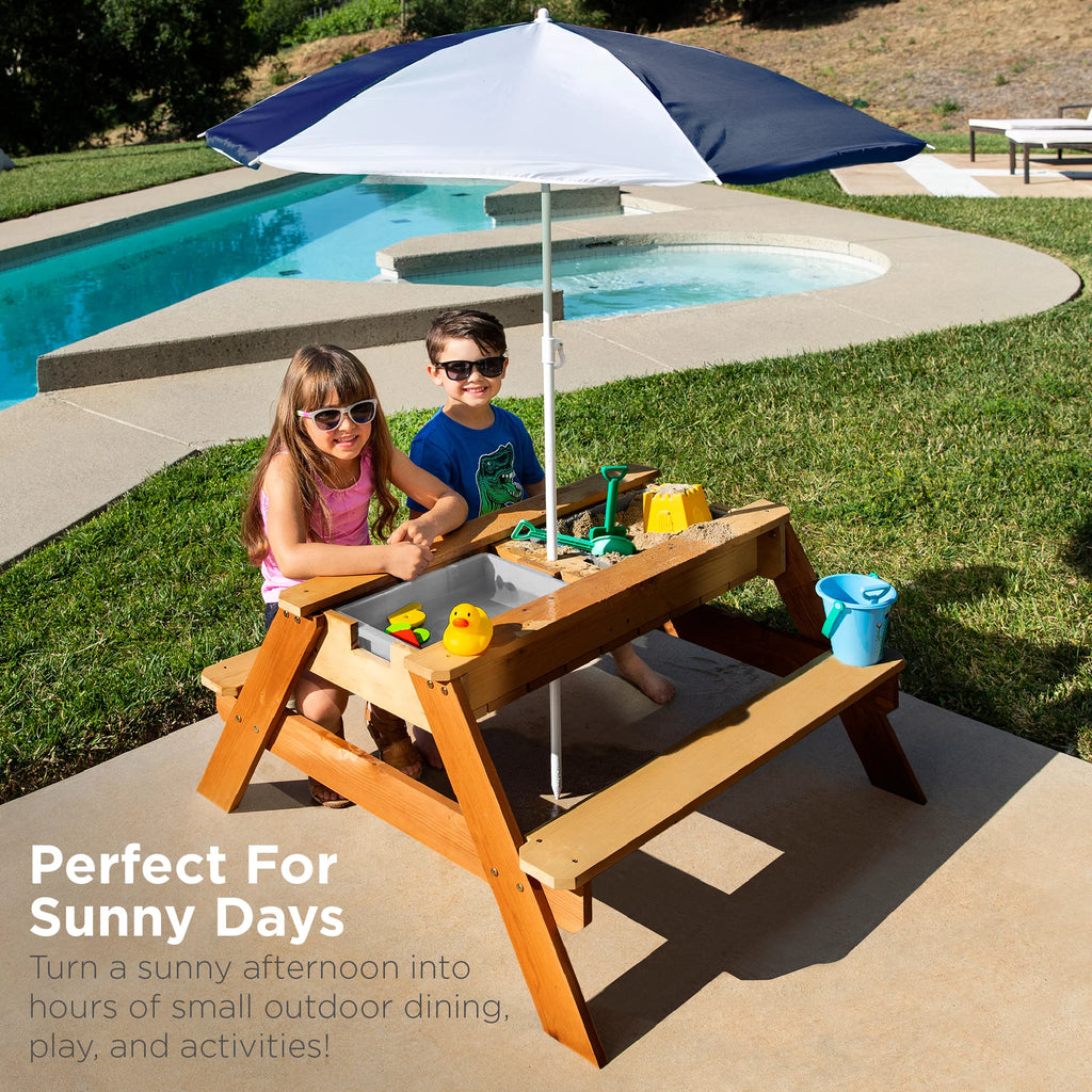 Kids 3-in-1 Wood Sand & Water Picnic Table with Umbrella U2965